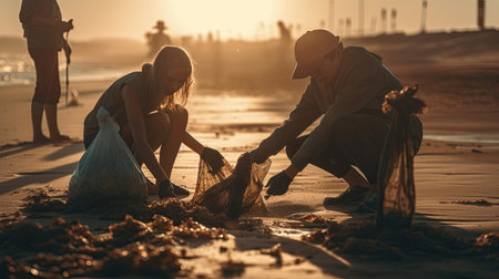 Young man and woman collecting garbage on the beach in the evening. Generative AIの素材