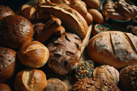 Variety of breads and buns in bakery shop, closeup. Generative AIの素材
