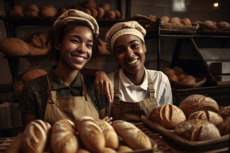Portrait of two young women working in bakery. They are smiling and looking at camera. Generative AIの素材