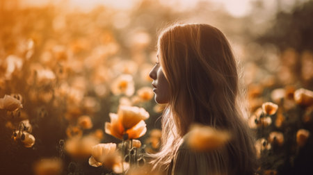 Beautiful young woman with long hair in a field of poppies, Generative AIの素材