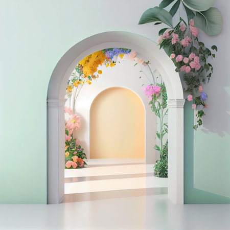 Generative AI of arch with flowers in pastel color interior.の素材
