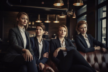 Businesswomen in suits sitting on sofa in cafe. Business concept. Generative AIの素材