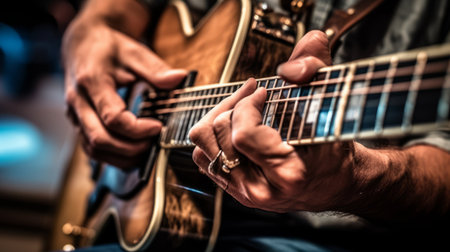 Guitarist hands playing acoustic guitar, close-up view. Generative AIの素材