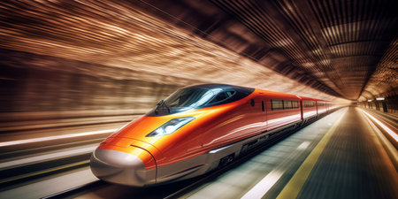 High speed train in motion at high speed. Motion blur abstract background. Generative AIの素材