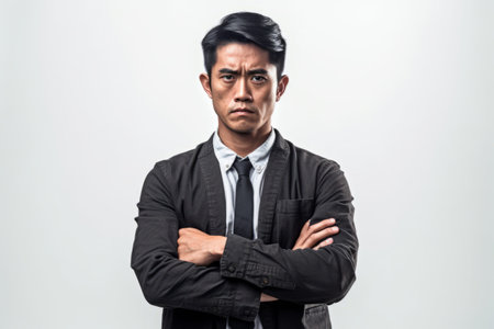Portrait of a serious young asian man with arms crossed on white background. Generative AIの素材