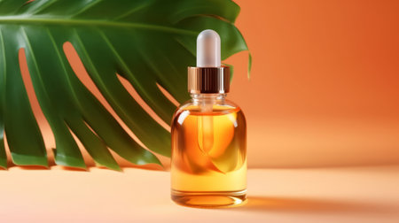 Bottle of essential oil and tropical leaf on orange background, Generative AIの素材