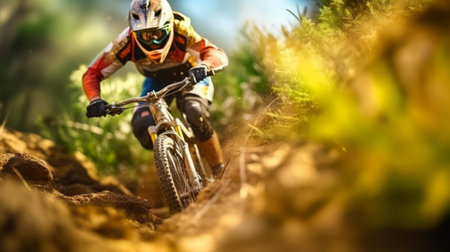 Enduro bike rider on the race. Extreme mountain bike race. Generative AIの素材