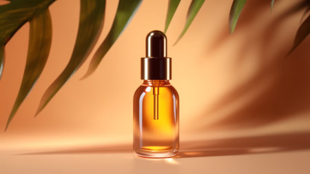 bottle of oil on orange background with palm leaves, closeup. Generative AIの素材