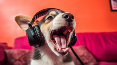 Cute welsh corgi dog listening to music with headphones. Generative AIの素材