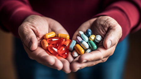 Closeup of senior woman hands holding colorful pills. Focus on foreground. Generative AIの素材