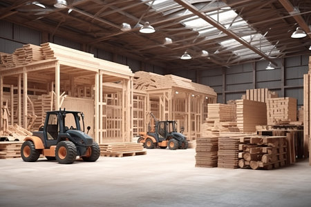 Generative AI  of a warehouse with a forklift and palletsの素材