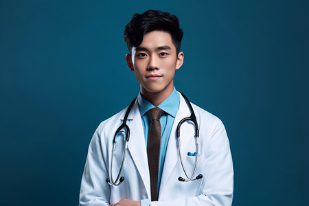 Portrait of young Asian male doctor with stethoscope on blue background, Generative AIの素材
