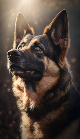 German shepherd dog portrait in sunset light. Beautiful german shepherd dog portrait. Generative AIの素材