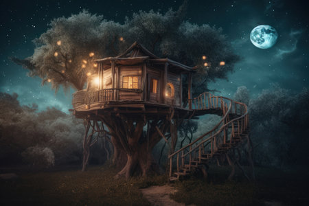 Wooden house in the forest at night, Generative AIの素材