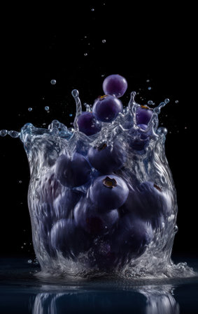 Blueberries in water splash, isolated on black background. Studio shot. Generative AIの素材