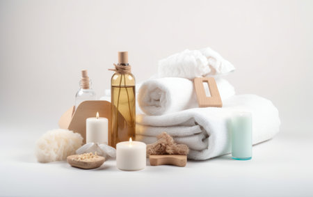 Spa still life with towels, candles and massage oil on white background, Generative AIの素材