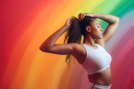 beautiful young african american woman in white sportswear on colorful background, Generative AIの素材