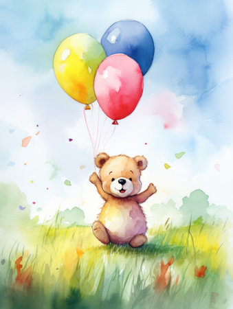 Cute teddy bear with balloons in the meadow. Watercolor illustration. Generative AIの素材