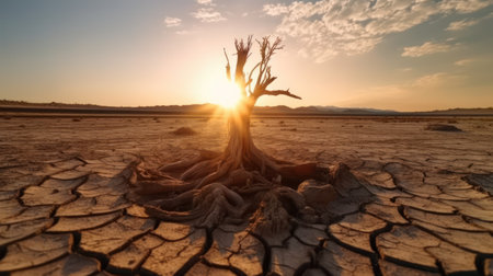 Dry soil and dead tree in the desert at sunset, global warming concept. Generative AIの素材