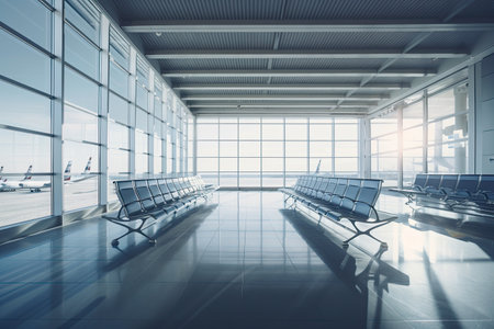Empty airport terminal interior with rows of seats. Generative AIの素材