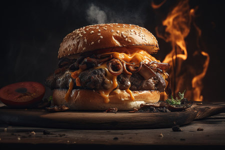 Big tasty cheeseburger on wooden table with fire on background. Generative AIの素材