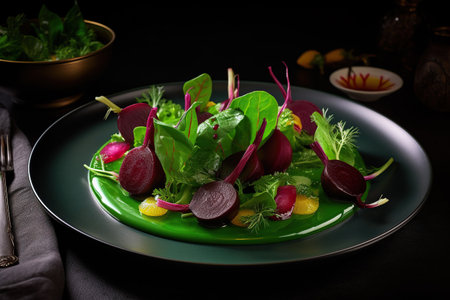 Beetroot salad with spinach, radish and orange on black background. Generative AIの素材