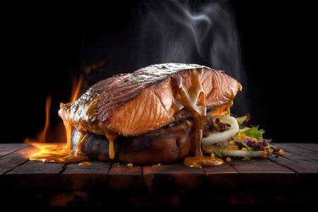 Grilled salmon steak on wooden table with flames and smoke on black background, Generative Aiの素材
