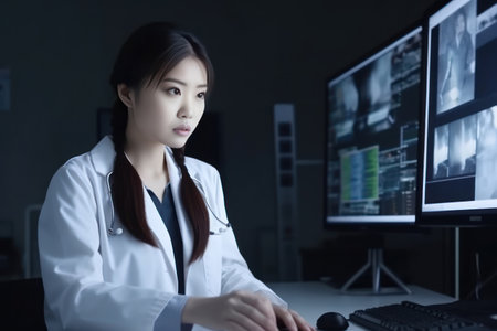 young asian female doctor looking at computer monitor in the dark room, Generative AIの素材