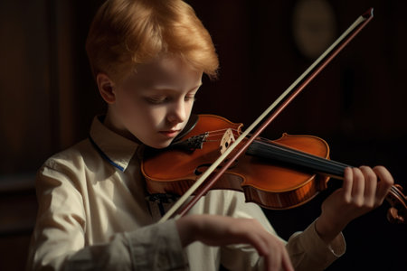 Cute little boy playing the violin on dark background. Classical music. Generative AIの素材