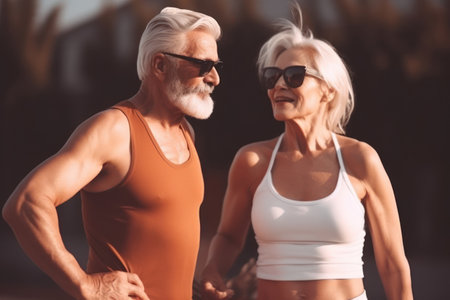 senior sportsman and sportswoman in sunglasses looking at each other while exercising outdoors. Generative AIの素材