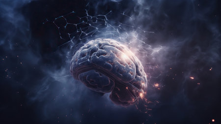 Generative AI illustration of a human brain with glowing particles and stars.の素材