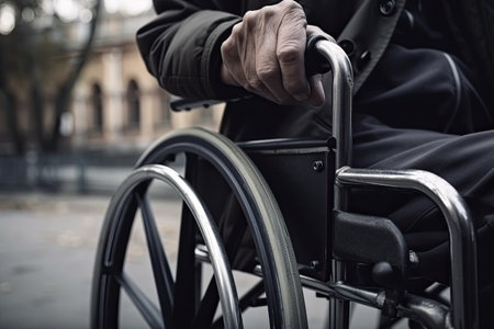 Close-up of a man in a wheelchair in the street. Generative AIの素材