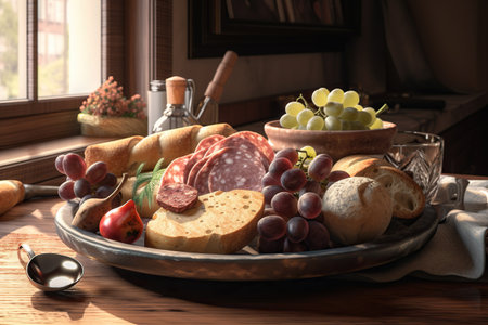 Plate with tasty salami, grapes and bread on table in kitchen. Generative AIの素材