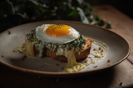 Fried egg with spinach and cheese on toast. Dark background. Generative AIの素材