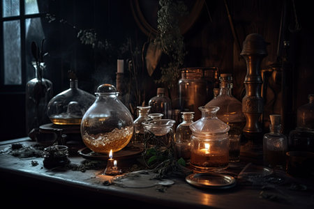 Magic potion in old laboratory. Halloween concept. Witchcraft background. Generative AIの素材