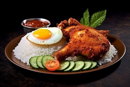 Crispy fried chicken leg with rice and fried egg on wooden background, Nasi Lemak. Generative AIの素材