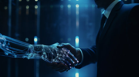 Close view of businessman hand touching with finger digital connection concept. Generative AIの素材