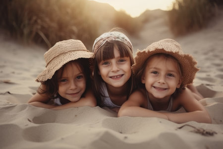 Three little girls in hats lying on the sand and looking at the camera. Generative AIの素材