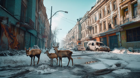 deers on the street of the old city in winter, Generative AIの素材