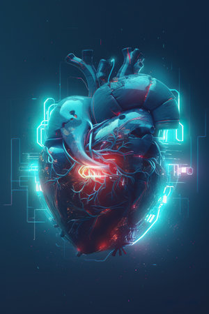Digital illustration of human heart in colour background. Medical concept. Generative AIの素材