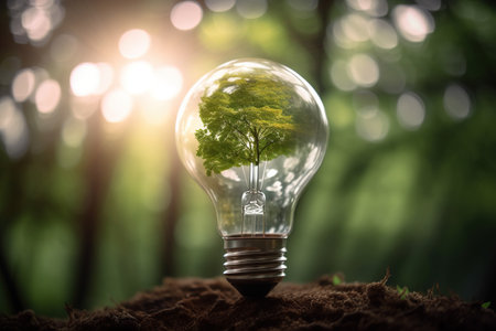 Glass light bulb with green plant inside placed on soil with bokeh background. Generative AIの素材
