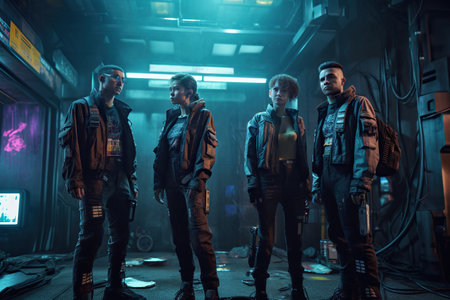 Portrait of a group of soldiers in a dark abandoned factory. Generative AIの素材