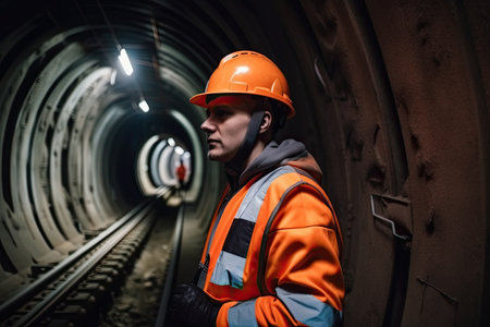 Portrait of a male engineer in an orange hardhat and reflective vest standing at the end of a tunnel. Generative AIの素材