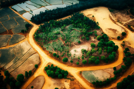 Aerial view of the lake in the middle of the forest. Generative AIの素材