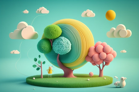 a cute cartoon tree in the green nature background.の素材