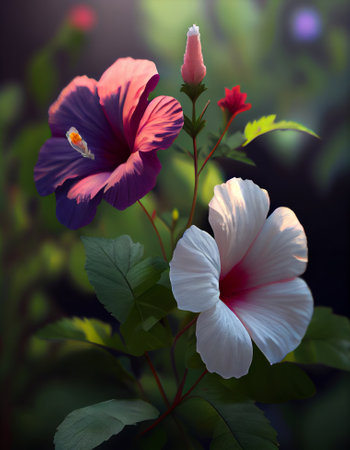 Hibiscus flowers in the garden. Nature background. Soft focus.の素材