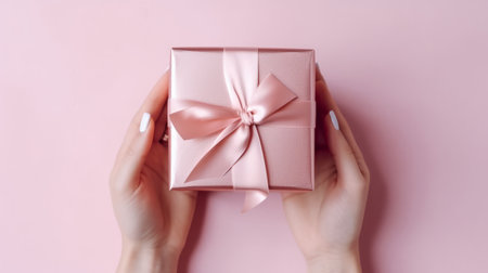 Woman's hands holding a pink gift box on a pink background.の素材