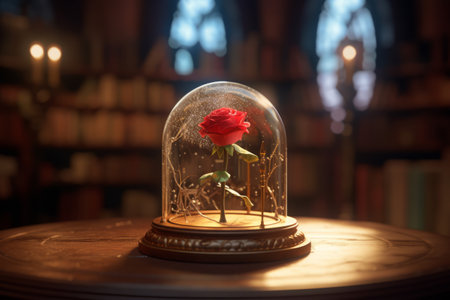 Red rose in a glass vase on a table in a libraryの素材