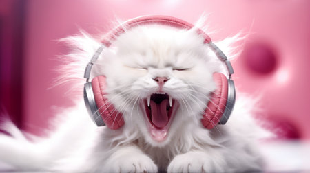 White persian cat with headphones on pink background, close-upの素材