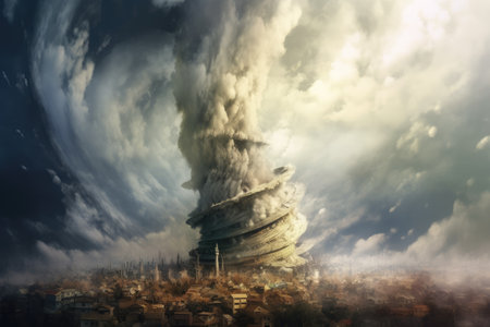 Global warming and climate change concept - big chimney explosion in the cityの素材